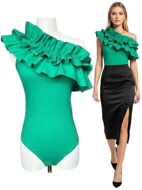Zara One Shoulder Ruffle Bodysuit Emerald Asymmetrical Size M